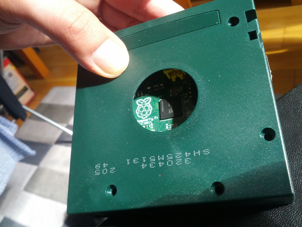 Raspberry Pi Logo seen through a homemade DLT Tape case